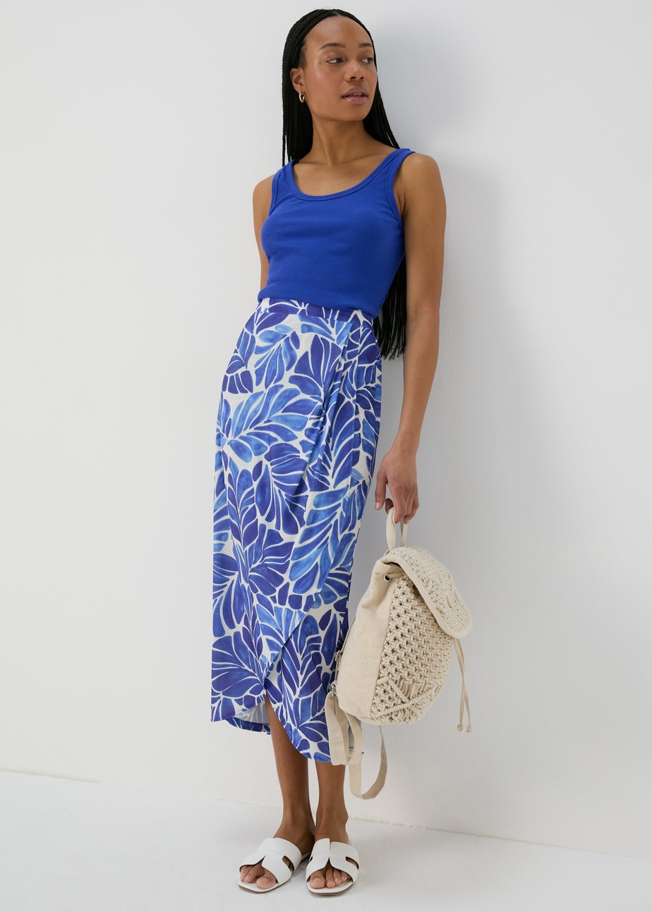 Et Vous Blue & & White Leaf Print Midi Skirt