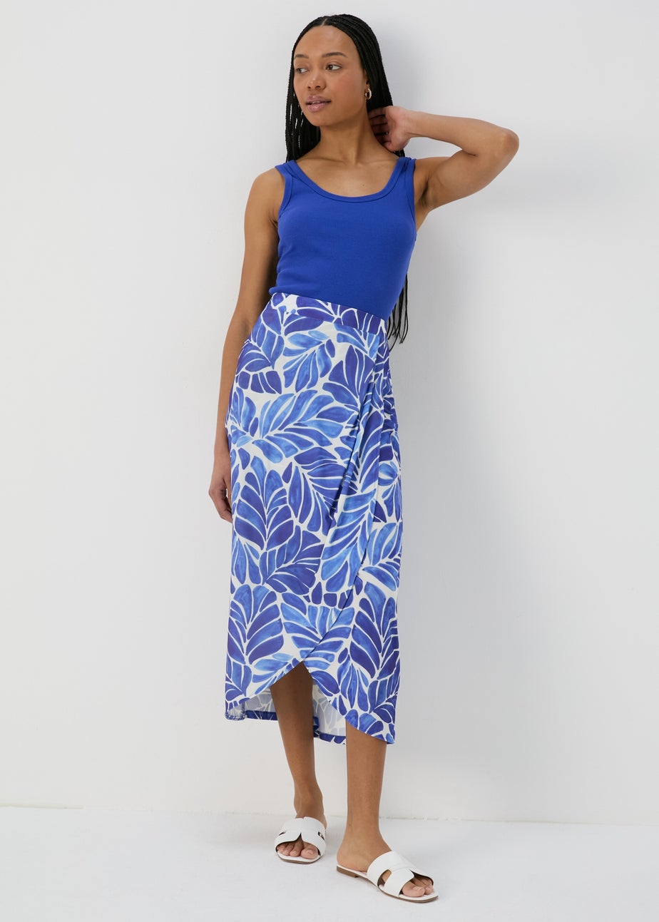 Et Vous Blue & & White Leaf Print Midi Skirt