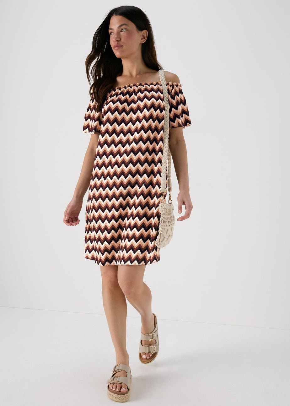 Multicolour Mono Chevron Viscose Bardot Dress