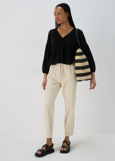 Black V Neck Lace Trim Blouse Top