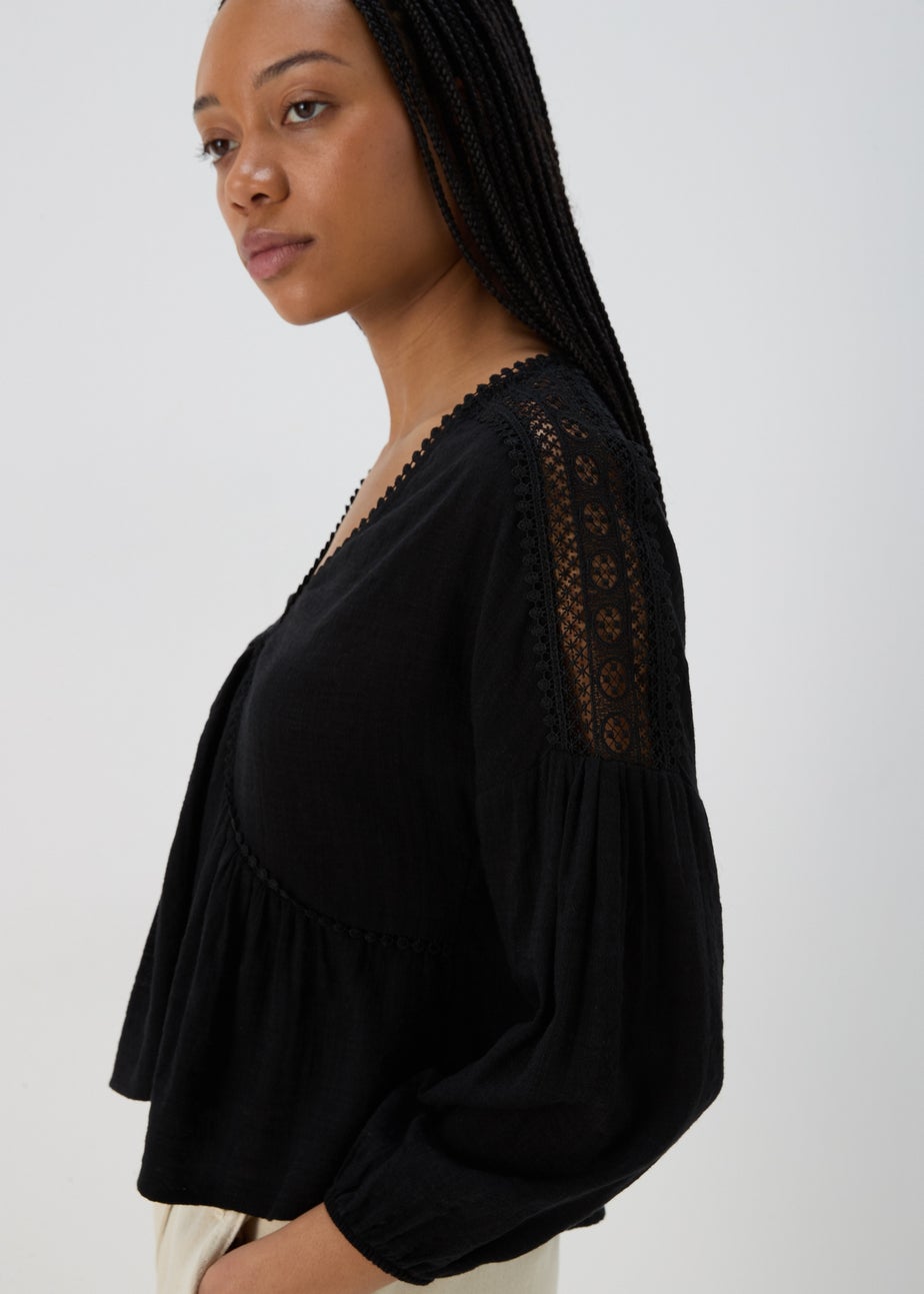 Black V Neck Lace Trim Blouse Top