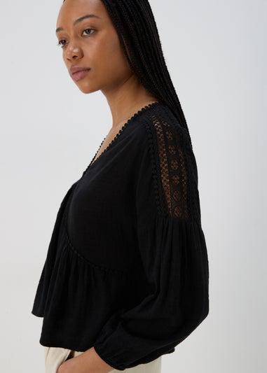 Black V Neck Lace Trim Blouse Top