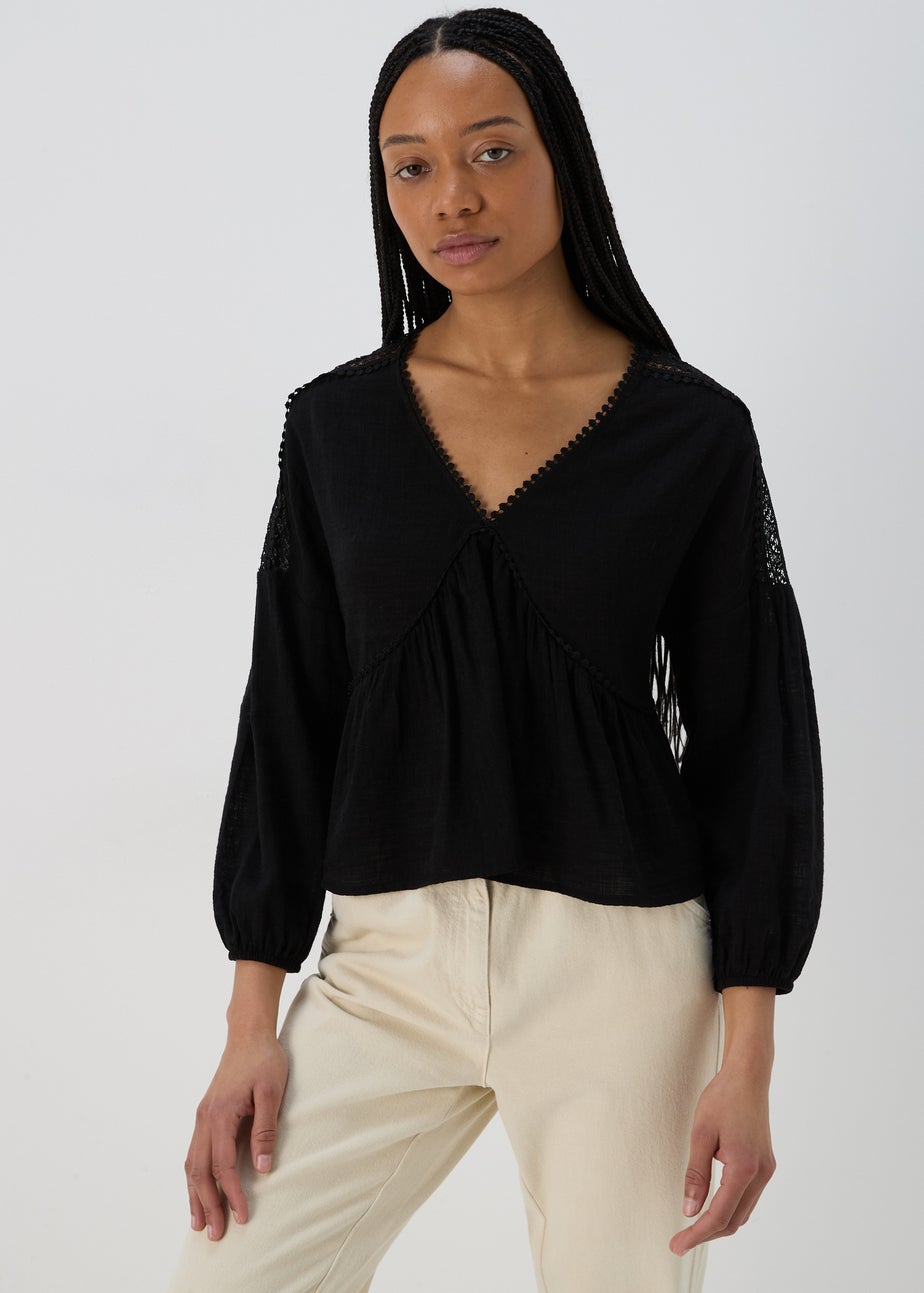 Black V Neck Lace Trim Blouse Top