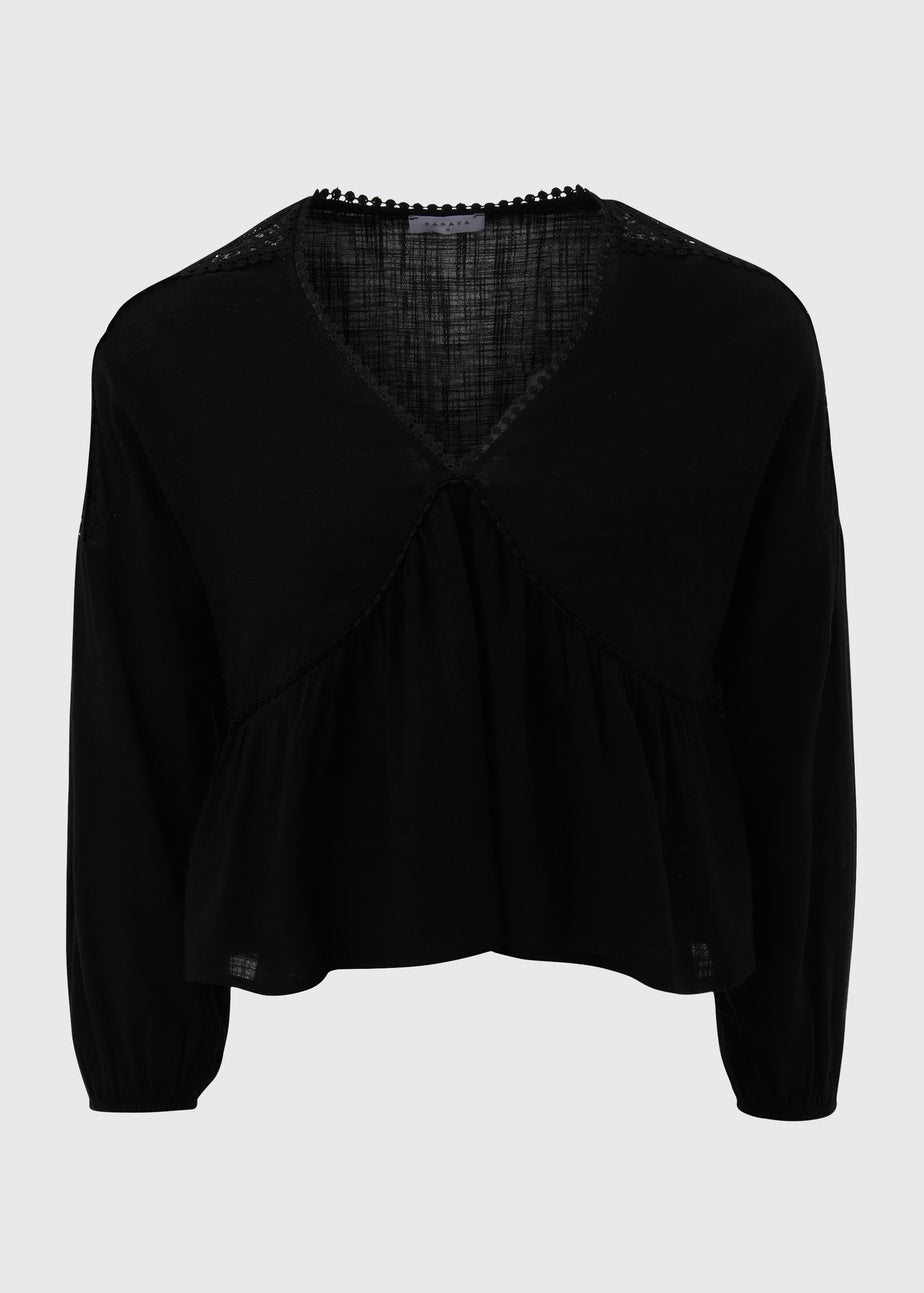 Black V Neck Lace Trim Blouse Top