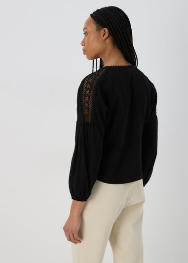 Black V Neck Lace Trim Blouse Top