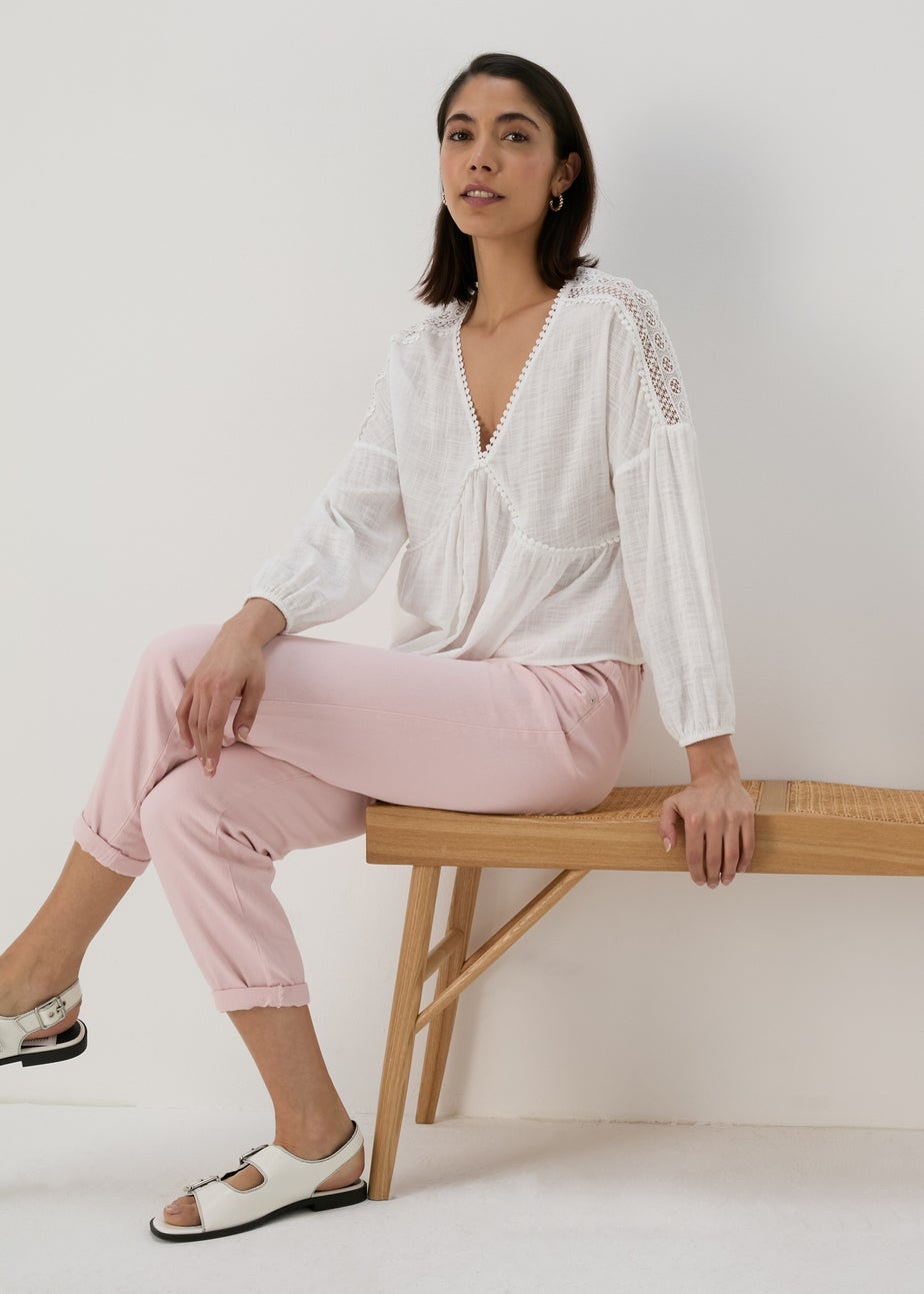 White V Neck Lace Trim Blouse Top