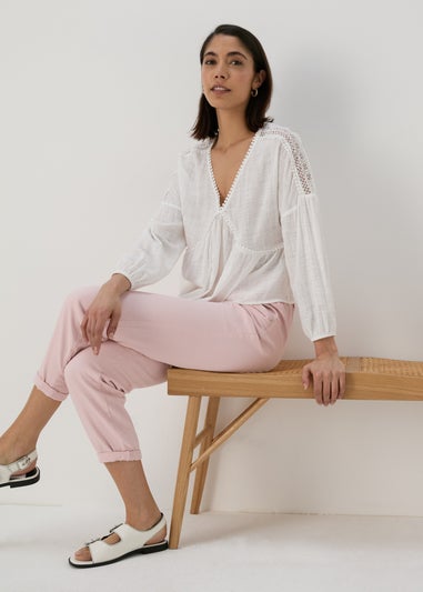 White V Neck Lace Trim Blouse Top