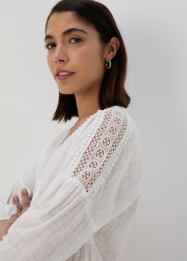 White V Neck Lace Trim Blouse Top