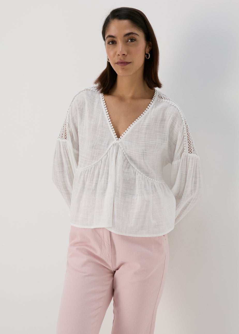 White V Neck Lace Trim Blouse Top