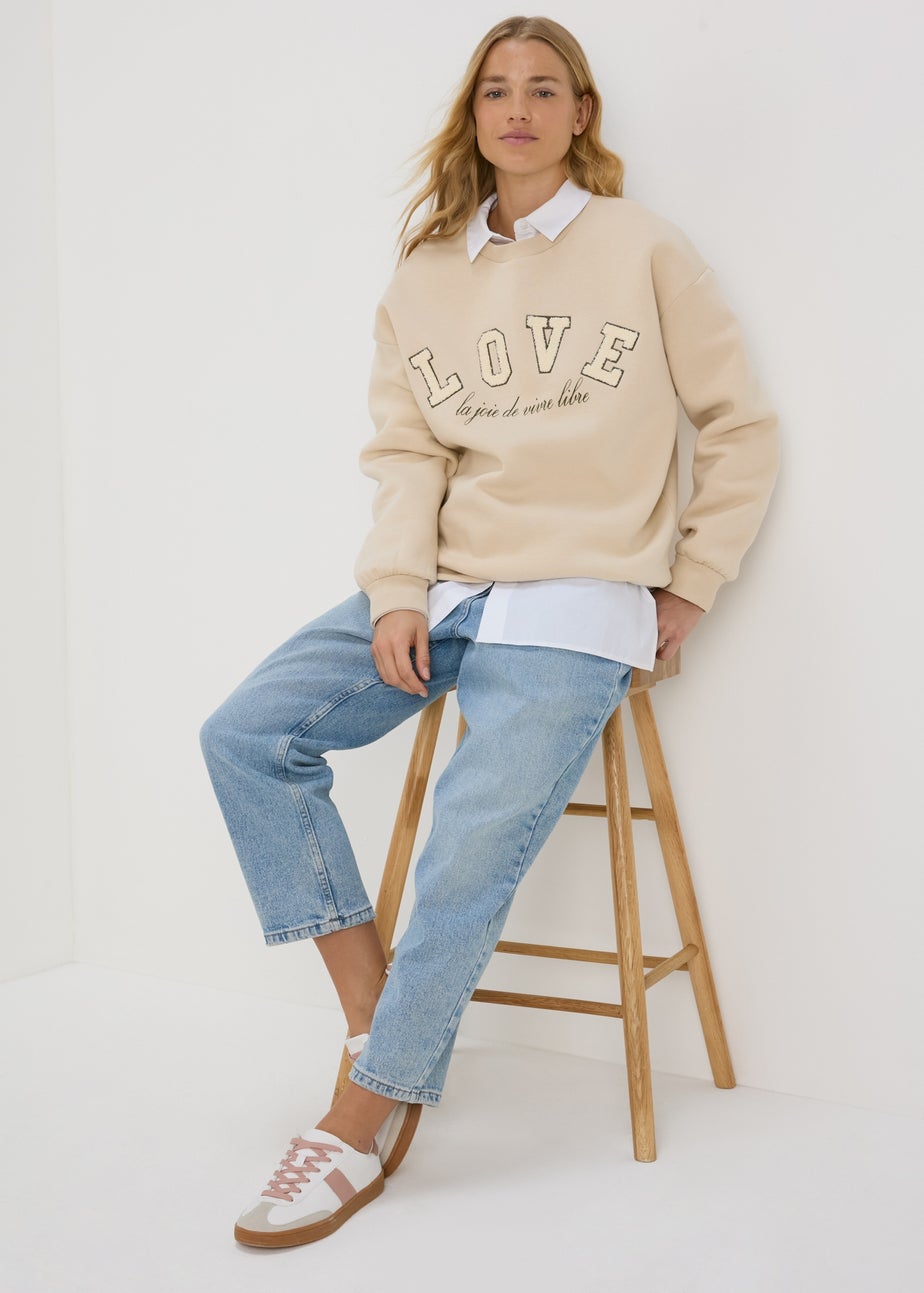 Beige Love Slogan Sweatshirt