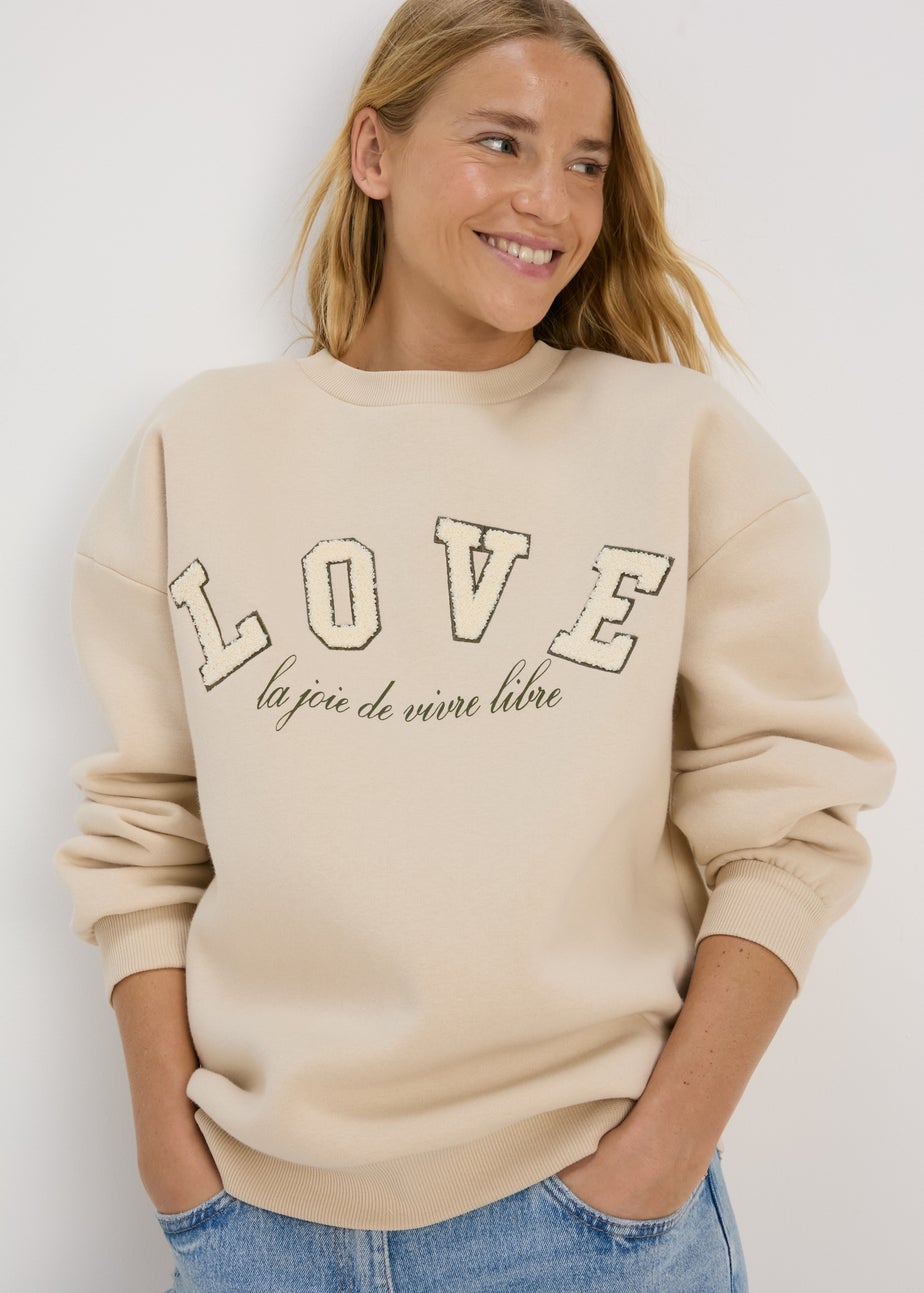Beige Love Slogan Sweatshirt