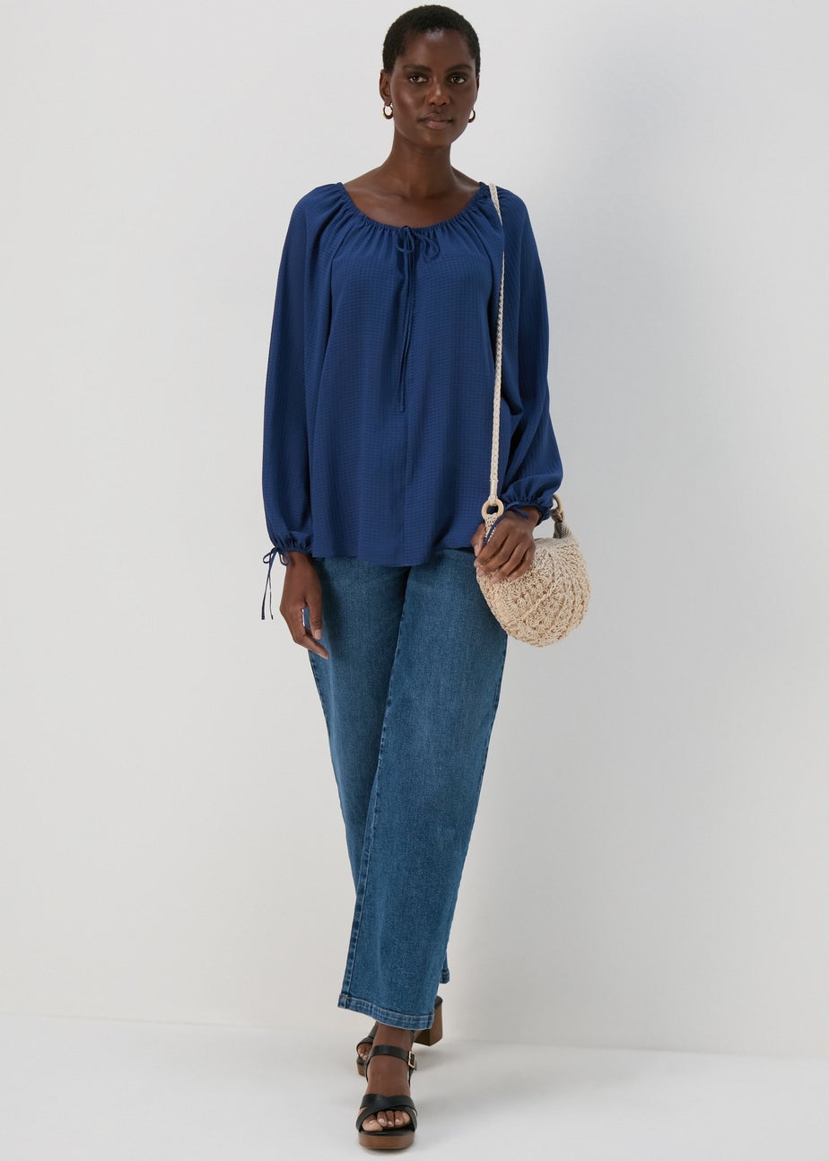 Navy Tie Neck Blouse Top