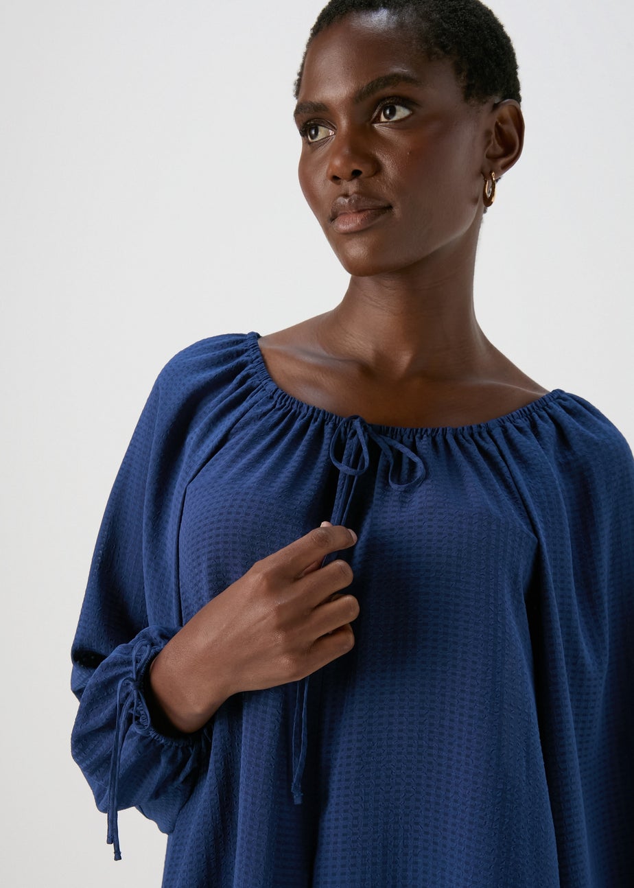 Navy Tie Neck Blouse Top