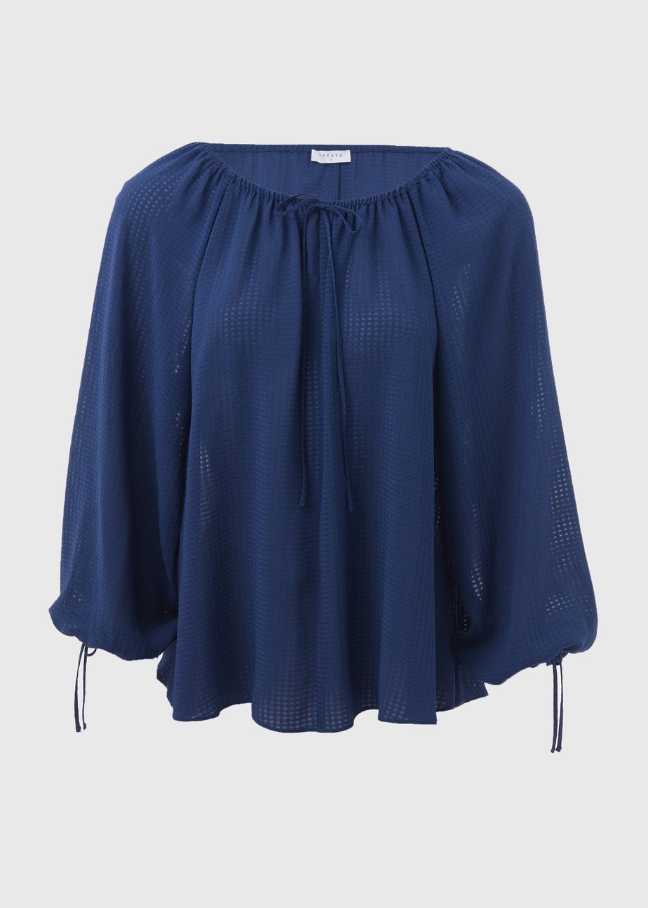 Navy Tie Neck Blouse Top