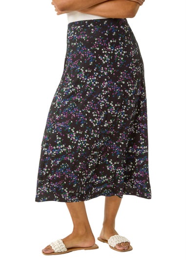 Roman Black Ditsy Floral Stretch Elastic Waist Midi Skirt