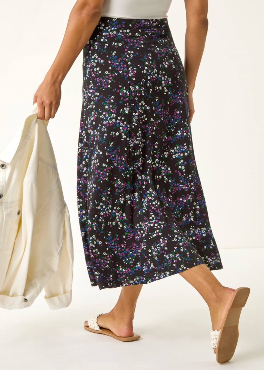 Roman Black Ditsy Floral Stretch Elastic Waist Midi Skirt