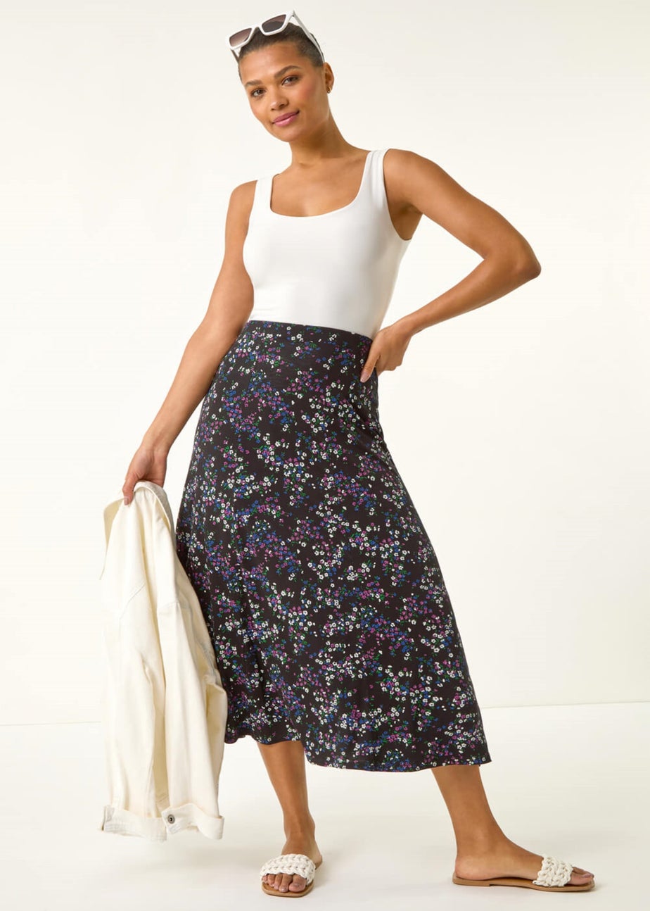 Roman Black Ditsy Floral Stretch Elastic Waist Midi Skirt
