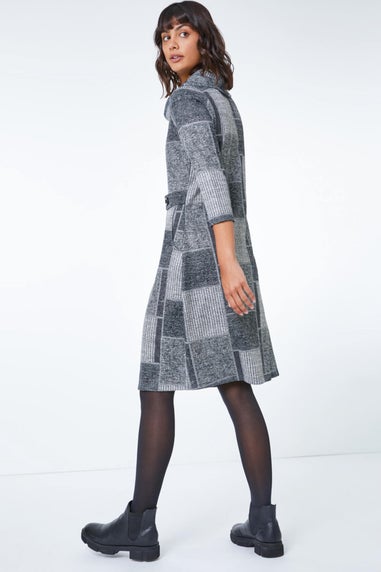 Roman Grey Patchwork Cowl Neck Button Detail Dress