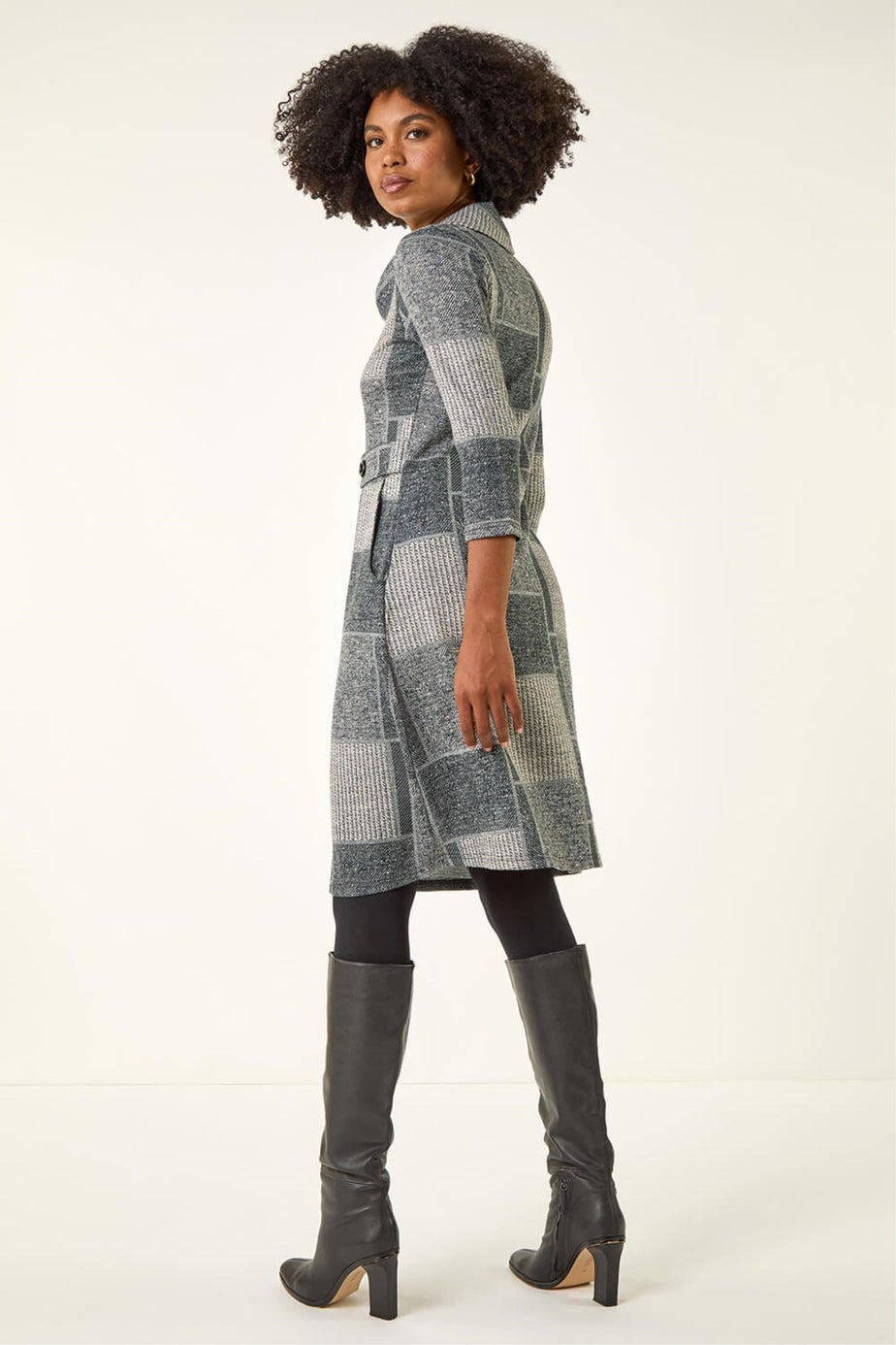 Roman Grey Patchwork Cowl Neck Button Detail Dress