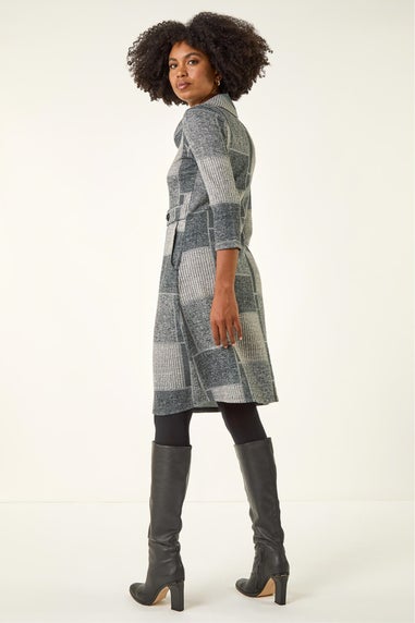 Roman Grey Patchwork Cowl Neck Button Detail Dress
