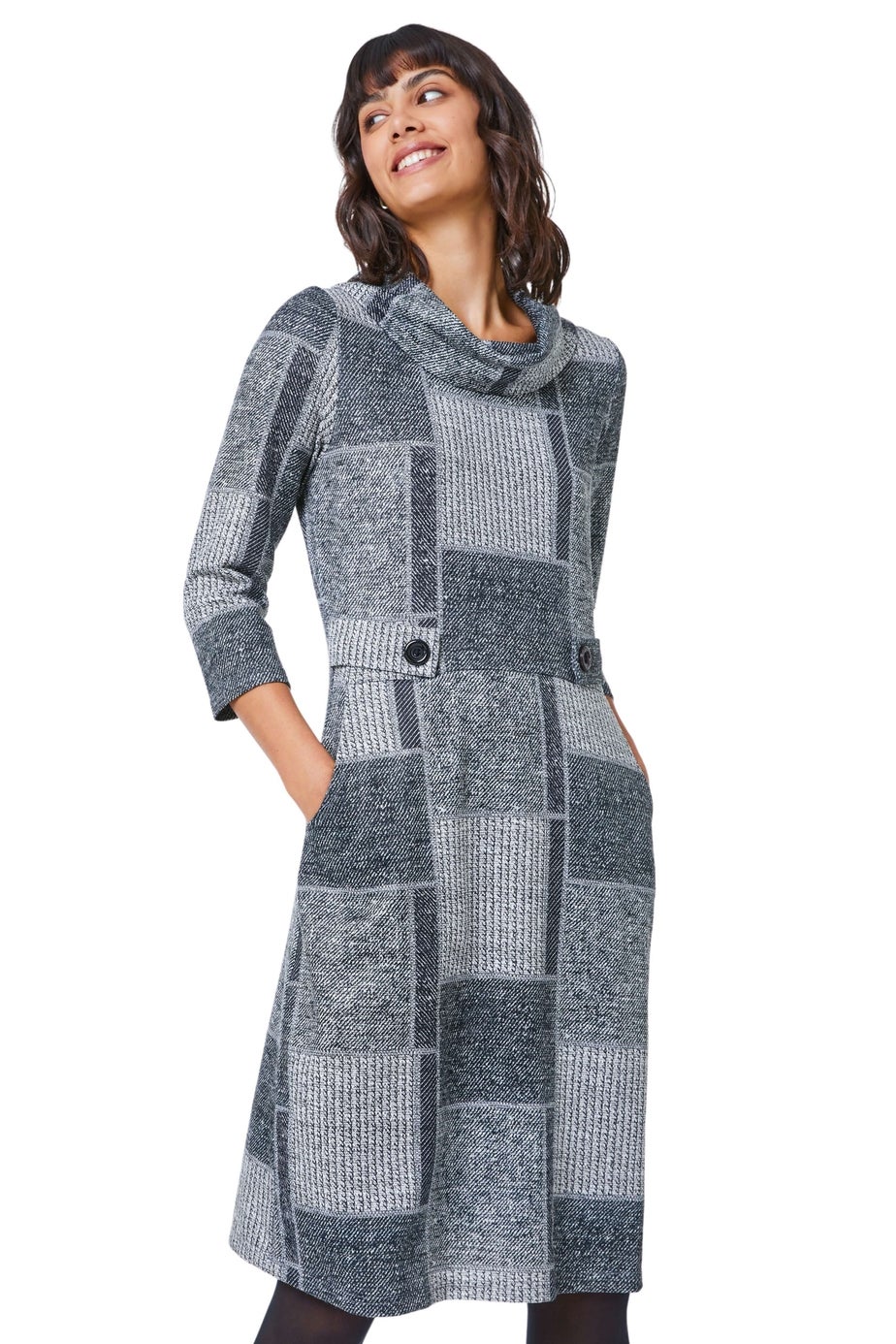 Roman Grey Patchwork Cowl Neck Button Detail Dress
