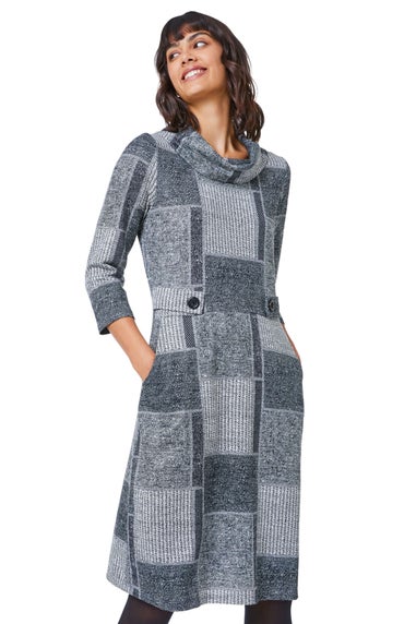 Roman Grey Patchwork Cowl Neck Button Detail Dress