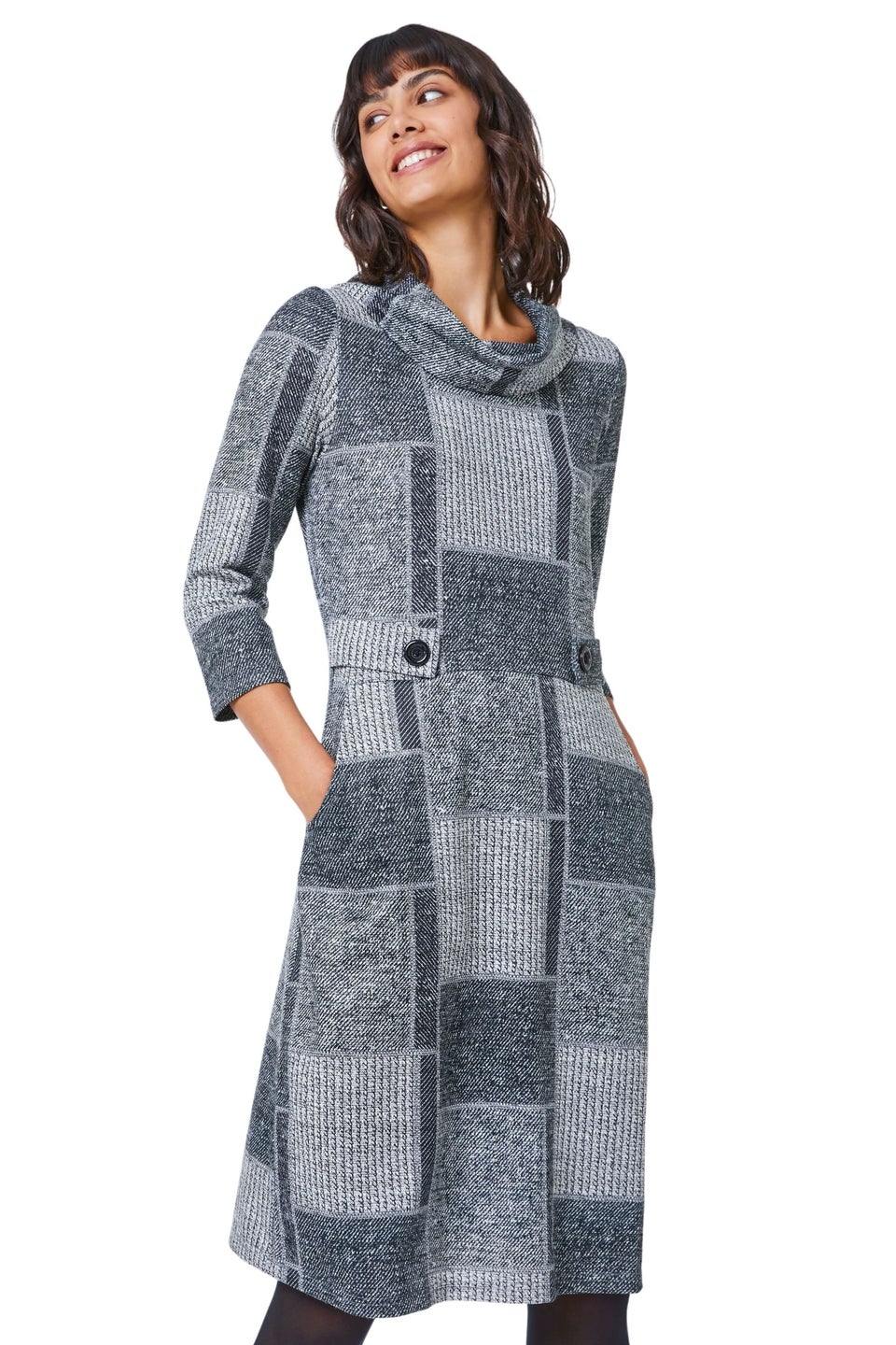 Roman Grey Patchwork Cowl Neck Button Detail Dress