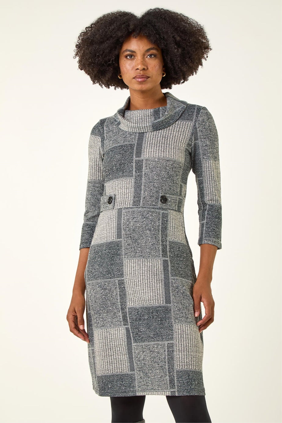 Roman Grey Patchwork Cowl Neck Button Detail Dress