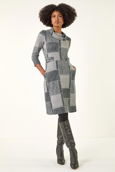 Roman Grey Patchwork Cowl Neck Button Detail Dress