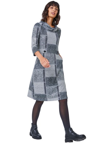 Roman Grey Patchwork Cowl Neck Button Detail Dress