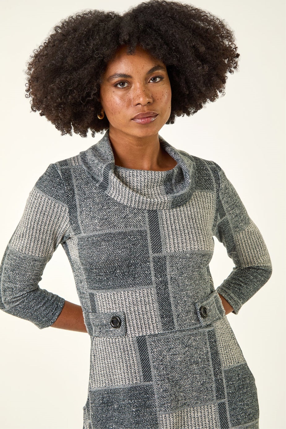 Roman Grey Patchwork Cowl Neck Button Detail Dress