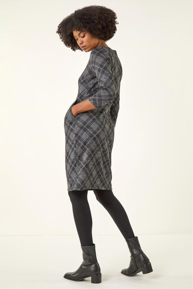 Roman Dark Grey Checked Pleat Front Shift Dress