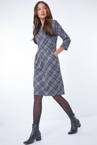 Roman Dark Grey Checked Pleat Front Shift Dress