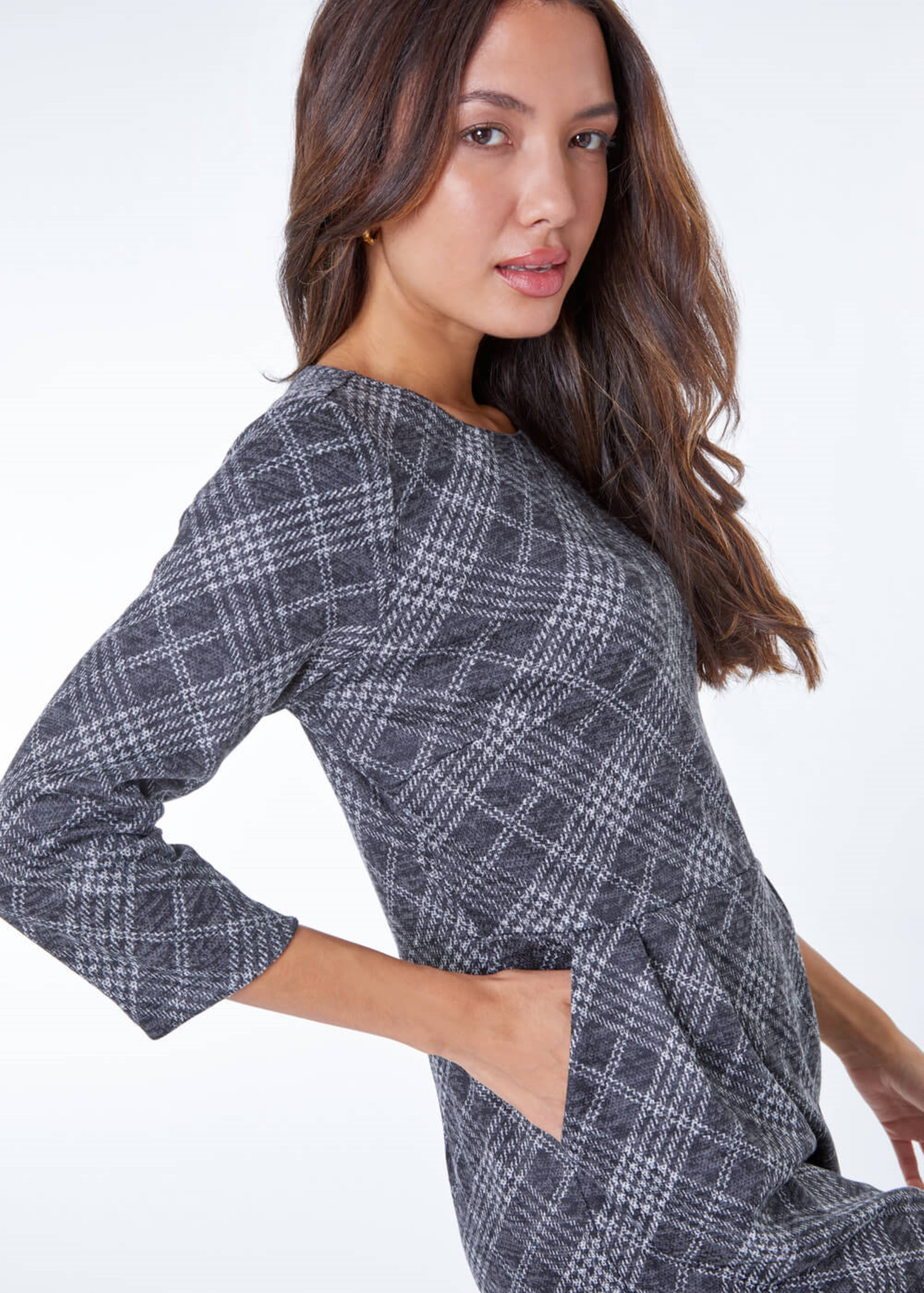 Roman Dark Grey Checked Pleat Front Shift Dress