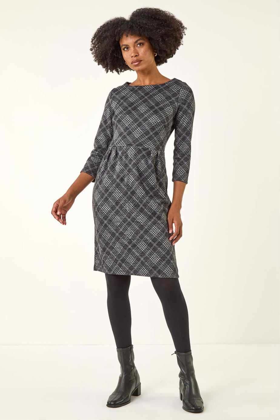 Roman Dark Grey Checked Pleat Front Shift Dress