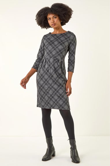 Roman Dark Grey Checked Pleat Front Shift Dress