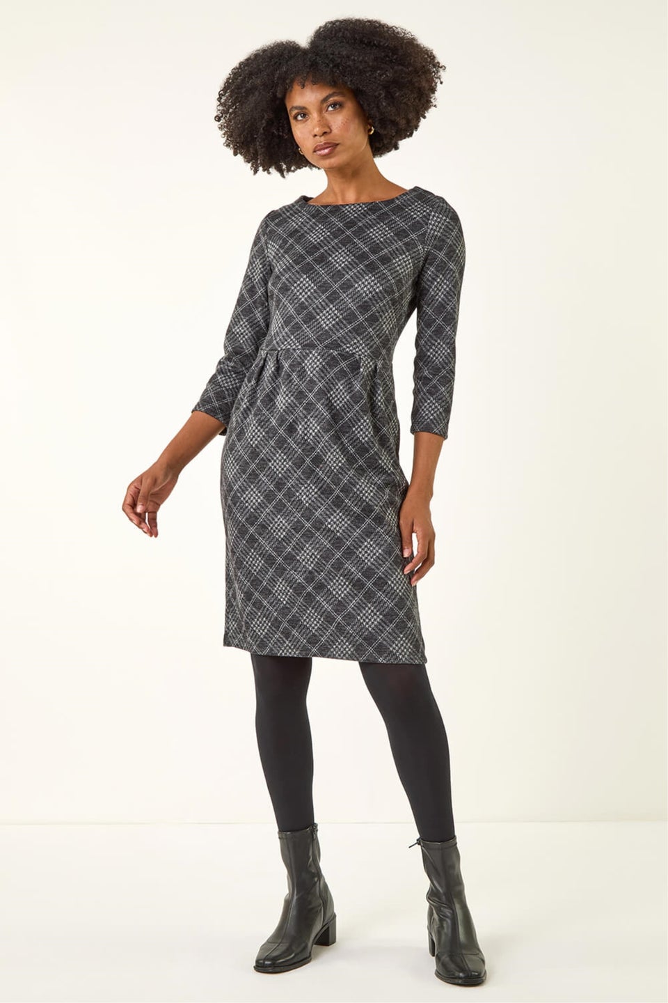 Roman Dark Grey Checked Pleat Front Shift Dress