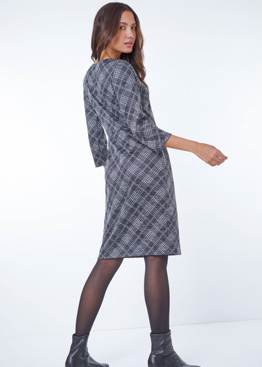 Roman Dark Grey Checked Pleat Front Shift Dress