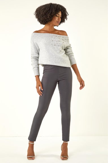 Roman Dark Grey Full Length Elastic Waist Stretch Trousers