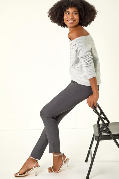 Roman Dark Grey Full Length Elastic Waist Stretch Trousers