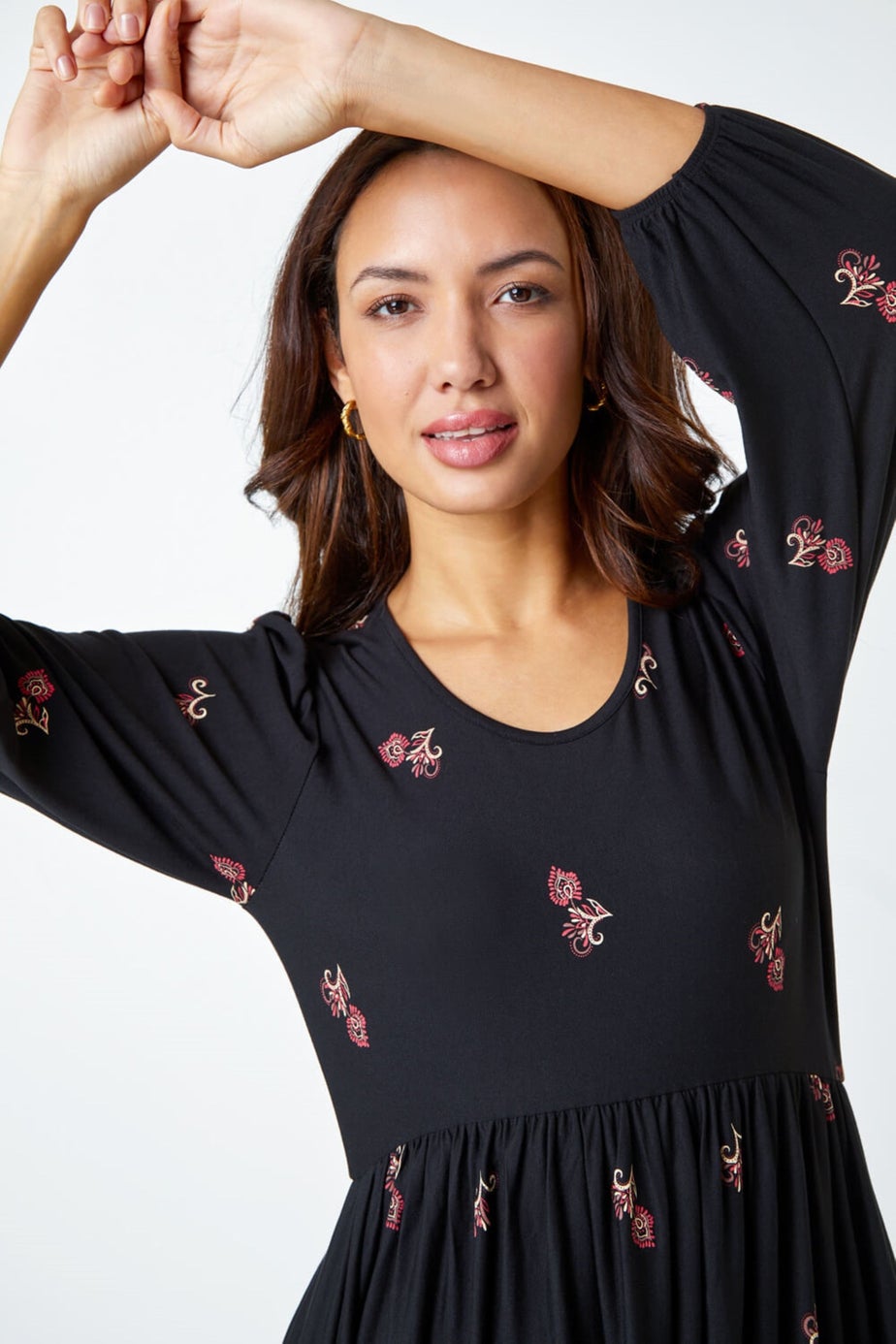 Roman Copper Paisley Border Print Stretch Dress