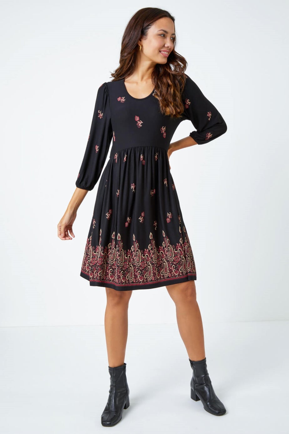 Roman Copper Paisley Border Print Stretch Dress