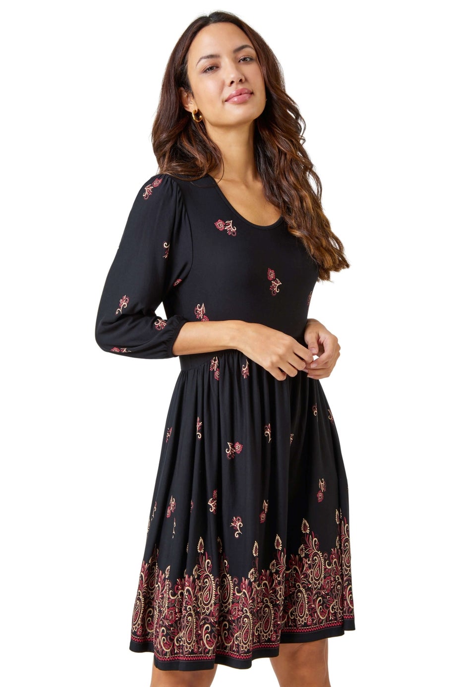 Roman Copper Paisley Border Print Stretch Dress