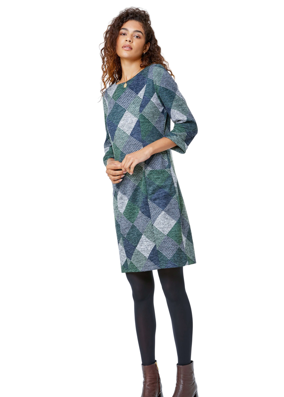 Roman Green Check Print Pocket Shift Dress