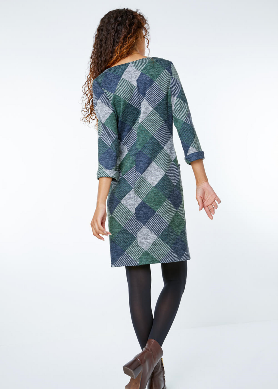 Roman Green Check Print Pocket Shift Dress