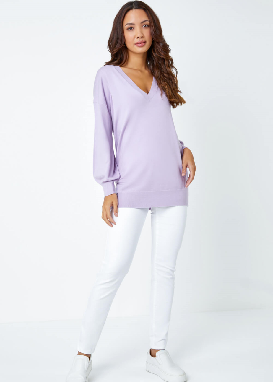 Roman Lilac Plain Stretch V-Neck Longline Jumper