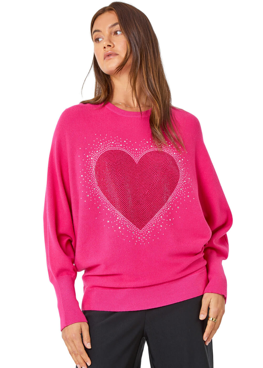 Roman Pink Diamante Embellished Heart Print Jumper