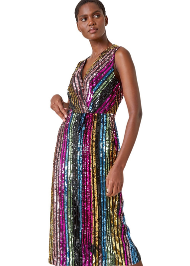 Roman Multi Sequin Stripe Belted Midi Dress