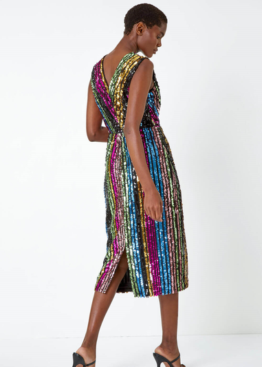 Roman Multi Sequin Stripe Belted Midi Dress