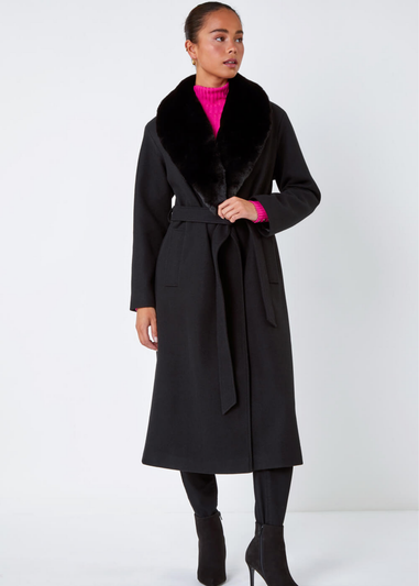 Roman Petite Black Faux Fur Collar Longline Coat